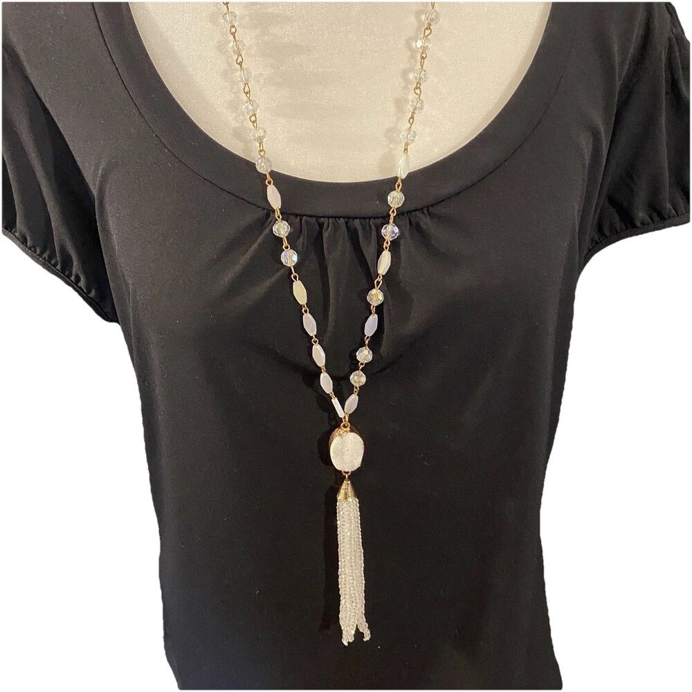 Druzy Quartz Tassel Necklace Faceted Crystal & Opalite Beads Gold Tone BOHO